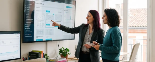 Deux professionnels debout devant un écran montrant l'interface PrestaShop et des maquettes de boutique en ligne, dans un bureau d'agence web à Toulouse, l'un pointant un élément à l'écran en l'expliquant à l'autre