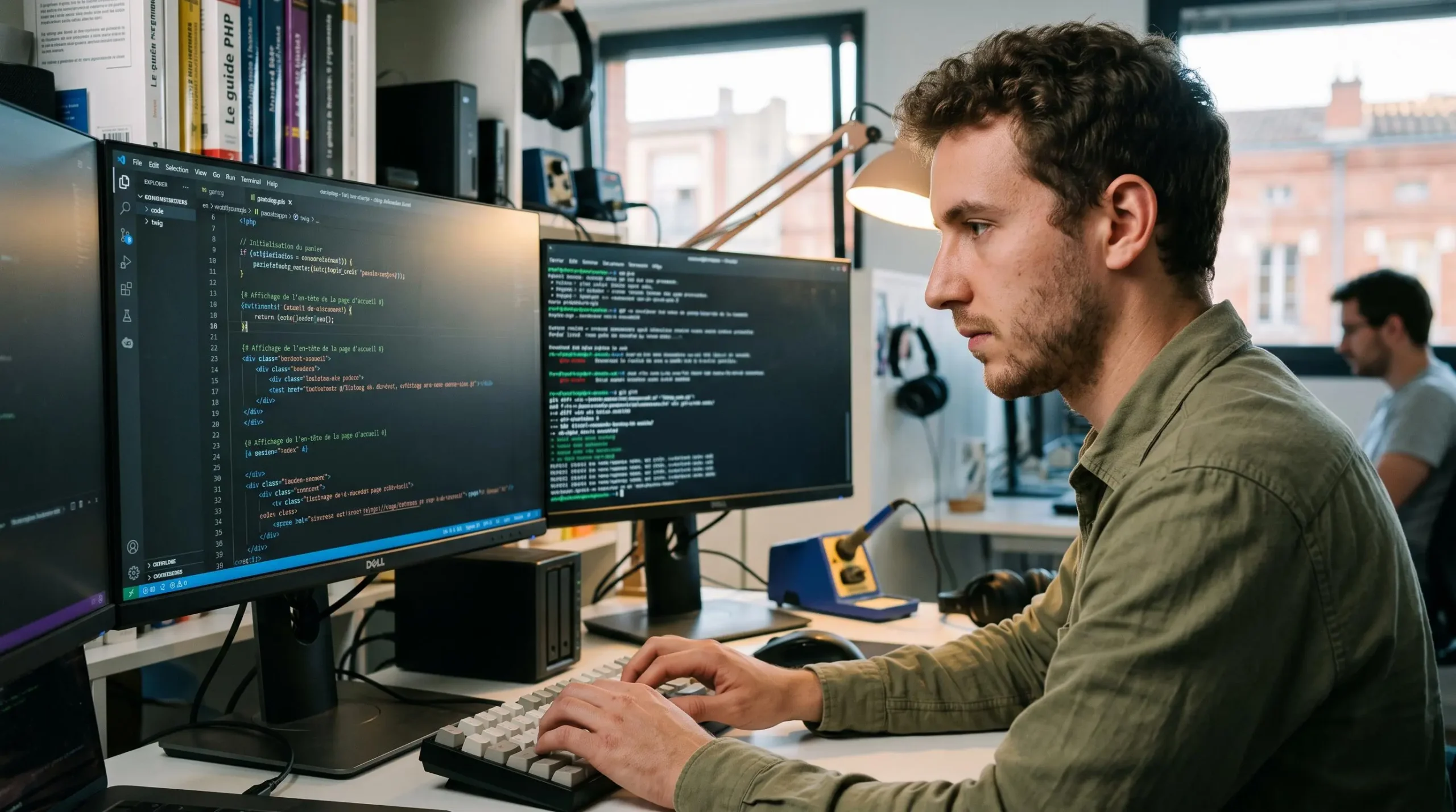 Développeur web de profil penché sur son clavier, concentré sur un double écran affichant du code PrestaShop et un terminal, dans un environnement technique d'agence