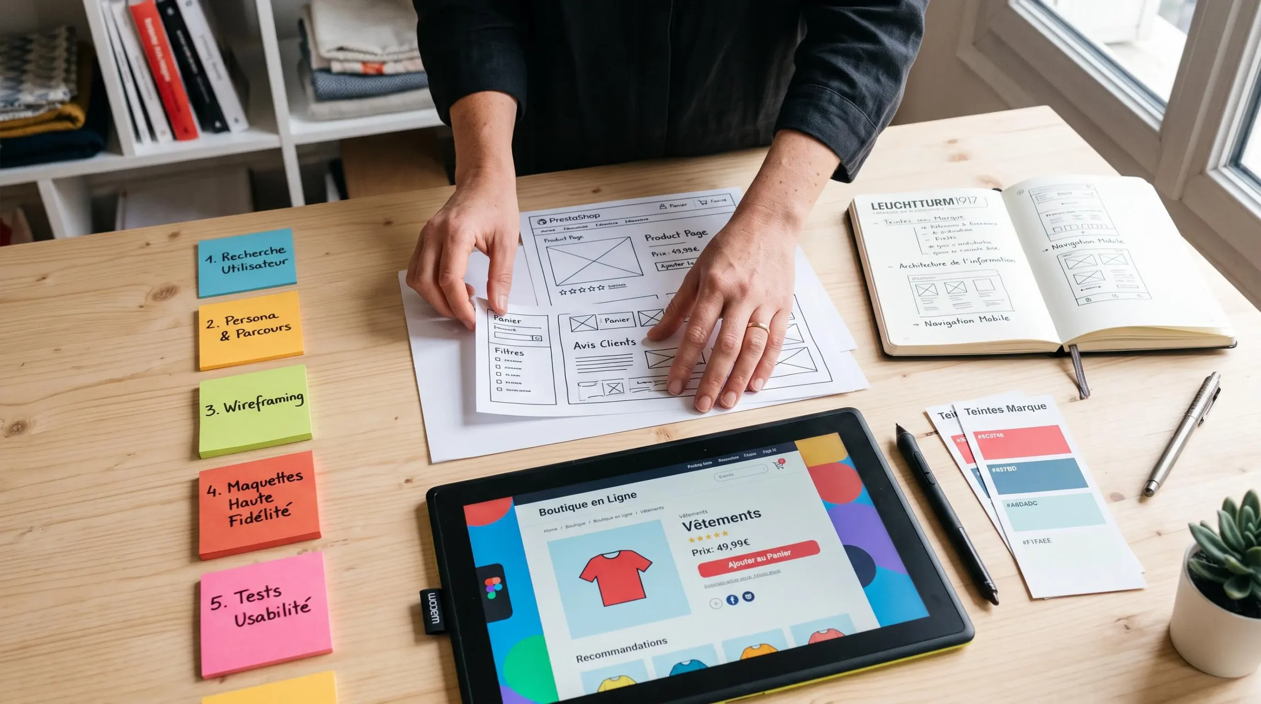 Vue plongeante sur table de travail UX designer avec maquettes papier et tablette affichant prototype interface PrestaShop, post-its planning projet et mains en train d'organiser les wireframes